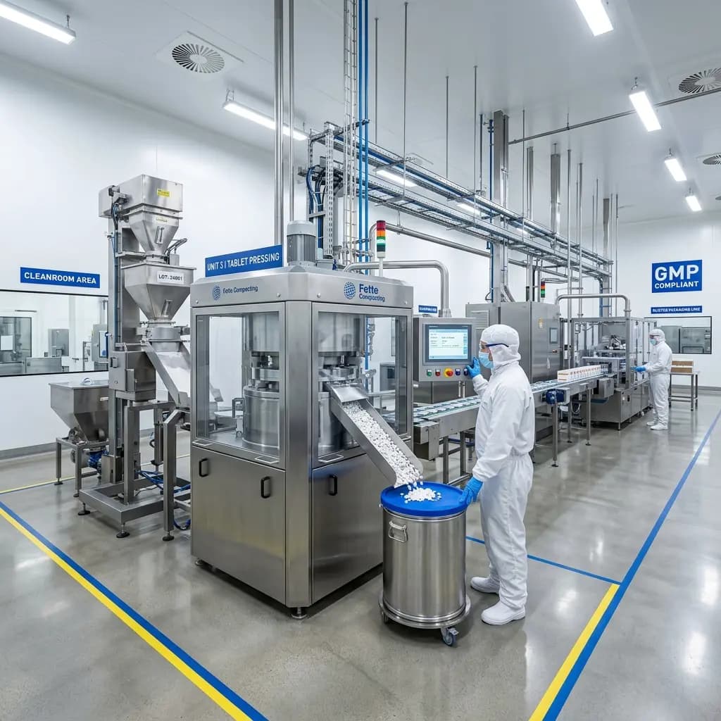 Cleanroom ichidagi avtomatlashtirilgan farmatsevtika ishlab chiqarish liniyasi